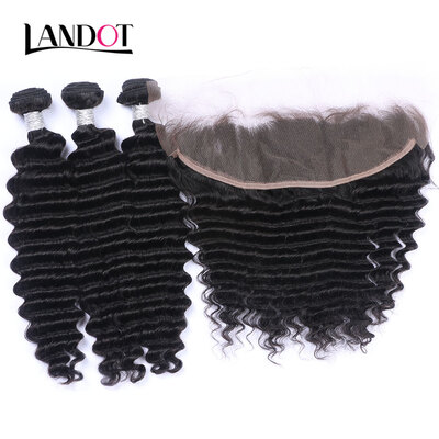 

9A Lace Frontal Closures With 3 Bundles Peruvian Virgin Human Hair Weave Deep Wave Curly 4Pcs Lot Unprocessed Remy Hair Extensions