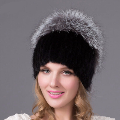 

Real mink fur fox fur ball cap ladies winter thick warm knit hat earmuffs fashion new discount hot sale