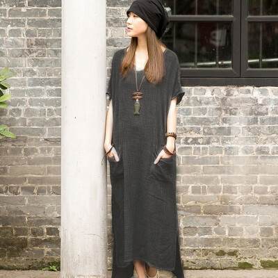 

New Women Autumn Casual Loose Vintage Cotton Long Maxi Dress Plus Size