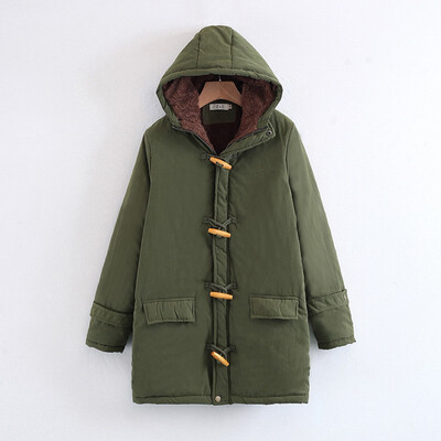 

2018 New Arrival Horn Button Lambskin Long Womens Cotton Coat Large Size Casual Slim Hooded Coat Outerwear Parka