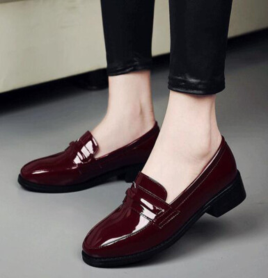 

women shoes penny loafers slip on chunky heel square toe patent leather casual boat shoes