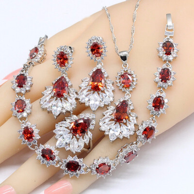 

Red Garnet White Topaz 925 Silver Wedding Jewelry Sets For Women Bracelet Earrings Necklace Pendant