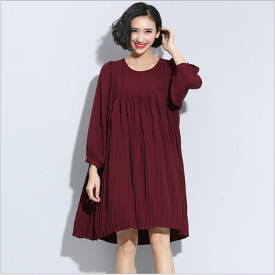 

Lovaru ™ large size women's solid color chiffon shirt dress long section of loose long-sleeved pleated skirt