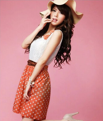 

New Korean Fashion Style Polka Dot Sweet Lovely Mini Dress OrangeGreen Lace Top With Belt