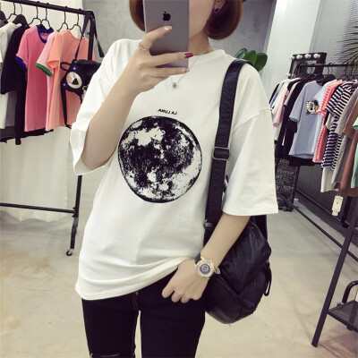 

Summer New Personality Planet Moon Printed Loose T Shirts Women Short Sleeve White T-shirt