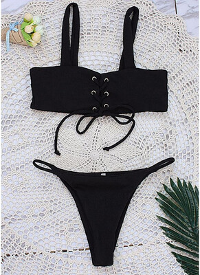 

2018 Women Lace-up Bikini Set Low Waist Solid Color Brief Cut
