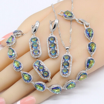 

2018 New Silver 925 Jewelry Sets Women Rainbow Blue Topaz Necklace Pendant Earrings Ring Bracelet