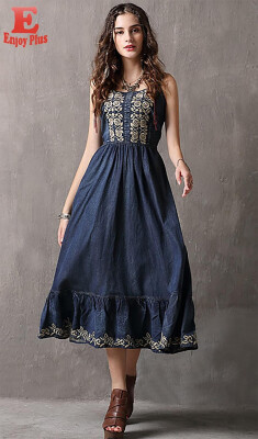 

S M L vintage cotton new summer 2018 long jeans dress sleeveless denim blue gray elegant slim a line digital flower embroidery