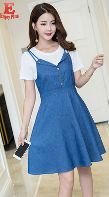 

L XL XXL 3XL 4XL 5XL plus size cotton casual new summer 2018 women jeans dress sleeveless big size blue denim tow piece set lady