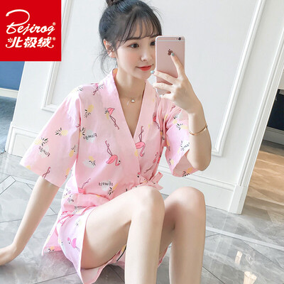 

Arctic velvet pajamas ladies cotton kimono sets cardigan pajamas home service suit blue crane stripes