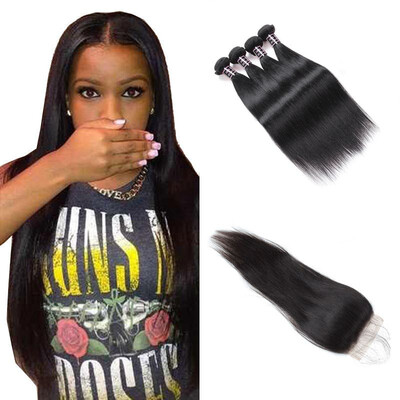 

Ishow Hair 7A Brazilian Virgin Hair Straight With Baby Hair Closure Brazilian Virgin Hair 4 Bundles with Closure Free Shipping