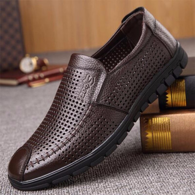 

New style mens shoes leather business breathable leisure hollow-out mens shoes middle-aged hole dad sandals