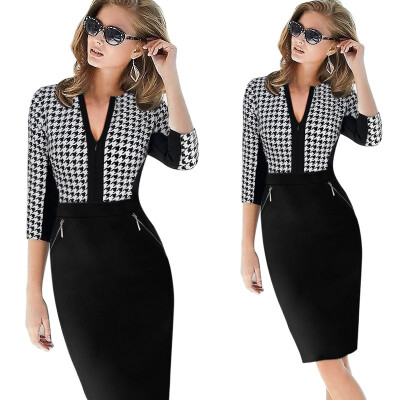 

New Fashion Women Autumn Work Elegant Patchwork Stretch Tunic Business Casual Office Formal Party Pencil Sheath Dress 797