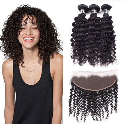 

Star Show Malaysian Virgin Hair Bundles With Lace Frontal Top Quality Deep Wave with Closure 1B Color Human Hair with Closure