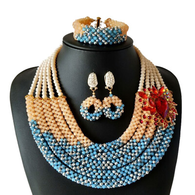 

AMYNOVA Champagne 5 Rows Crystal Beaded Bridal Nigerian Wedding Beads African Beads Necklaces Jewelry Set for Women