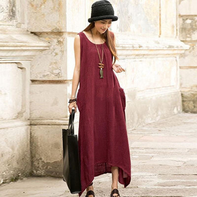 

S-5XL Plus Size Sleeveless Pocket Irregular Cotton Long Maxi Dress