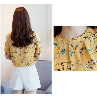 

Summer off Shoulder Chiffon Floral Printed Blouse Shirt Women Tops Elegant Plus Size Ladies Korea Blouses Female