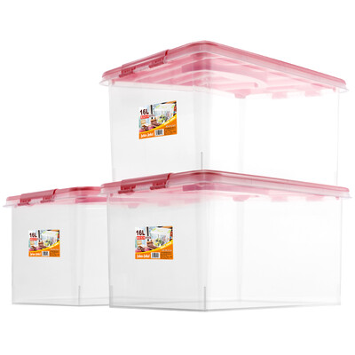 

JEKO&JEKO plastic desktop transparent storage box 16L 3 Pack toy clothes storage box snacks storage box portable storage box pink SWB-514