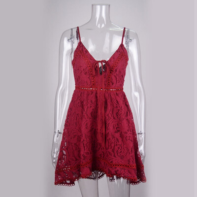 

PREISEI New Summer Women Sling Dress High Waist Sexy Slashes Irregular Lace Hollow Sleeveless A-line Dress PR17312