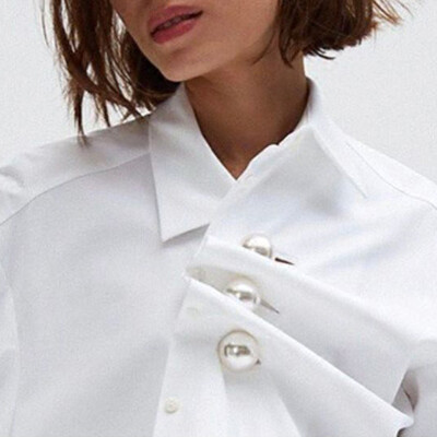 

Pearls Shirt Female Lapel Collar Ruched Patchwork Irregular White Long Blouse 2018 Spring Fashion OL Clothing