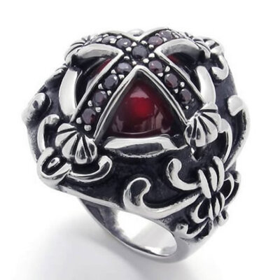 

Hpolw Vintage Stainless Steel Cubic Zirconia Cross Biker Mens Ring, Red Silver