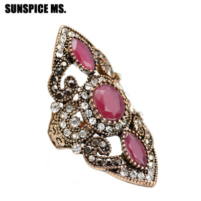 

Exquisite Full Crystal Round Resin Vintage Rings Turkish Women Ethnic Wedding Ring India Jewelry Hollow Flower Party Accessories