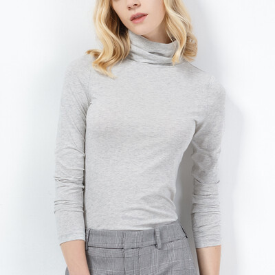 

Canvaus Women Spring Autumn Solid Slim Simple High Collar Cotton Long-sleeved T Shirt Undershirt Tops