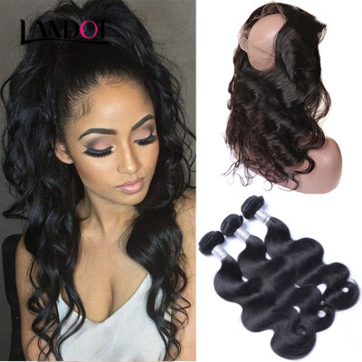 

8A 360 Lace Frontal Closures With 3 Bundles Malaysian Body Wave Virgin Human Hair Weave 4Pcs Lot Natural Black Remy Hair Extension