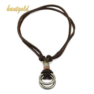 

Brown Double Circle Pendant Fashion Retro Leather Cord Necklace For Men