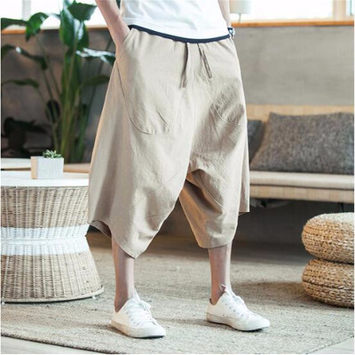 

Mens wide crotch harem pants loose summer large cropped trousers wide-legged bloomers Chinese style flaxen baggy