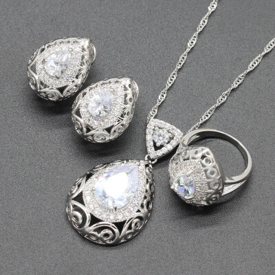 

Blue Stone Silver Plated Jewelry Sets for Women Necklace Clip Earrings Ring Four Colors Available Free Jewelry Box