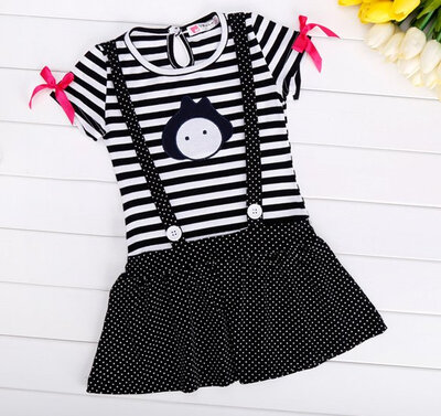

New Cute Kids Children Girl's Short Sleeve Striped Dot Print Dress