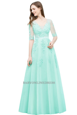 

Hot Half Sleeves Lace Evening Dresses Backless Applique Long Party Dresses