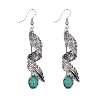 

Idealway Vintage silver Alloy Swirl Leaf Oval Natural Turquoise Long Hook Dangle Earrings Women Jewelry