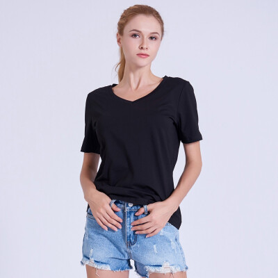 

PREISEI Women Summer Black Pima Cotton Slim Loose Casual V-neck Short Sleeve T Shirt Tops