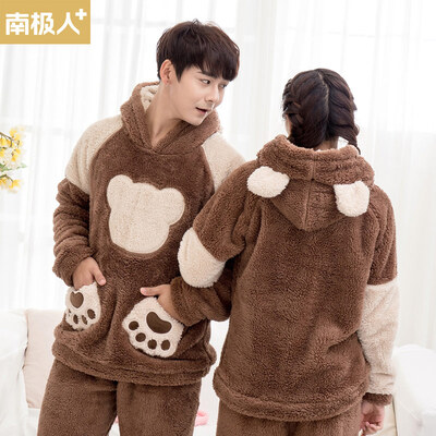 

Antarctic couple pajamas female winter sets of flannel long-sleeved cartoon bear coral fleece home service 00-7033 male models brown XL code