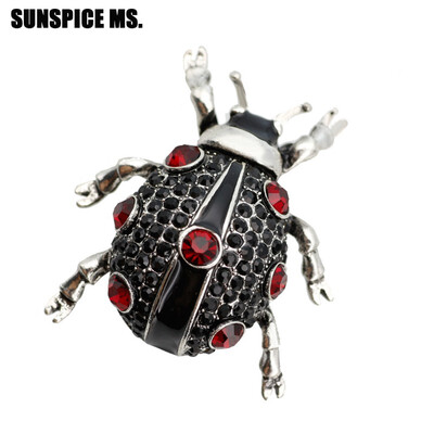 

Lovely Crystal beetle Insect Brooch Pins For Women Antique Silver Color Black Enamel Round Ladybug Animal Brooch Jewelry 2018