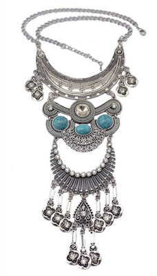 

Idealway Bohemian vintage silver turquoise crystal rhinstone flower pendants flower tassel collar turkish Statement necklace