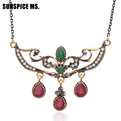 

New Vintage Turkish Women Flower Pendant Necklaces Antique Gold Color Water Drop Resin Indian Wedding Jewelry Ethnic Choker 2018