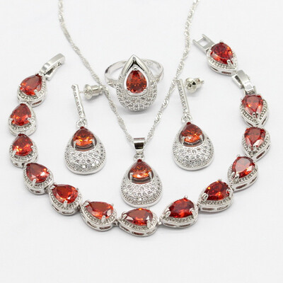 

Water Drop 925 Silver Jewelry Sets For Women Red Semi-precious Necklace Pendant Bracelets Earrings Rings