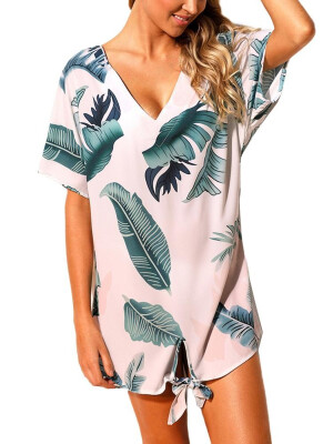 

2018 Women Beach Dresses Cover Ups Plants Print Tie Knot Mini Bikini Beachwear