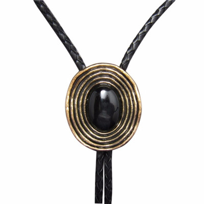 

Vintage Gold Plated Nature Black Obsidian Stone Bolo Tie Leather Necklace
