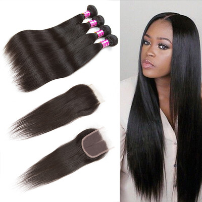 

Glary Peruvaian Human Hair 4 Bundles with Closure Silky Straight Hair 100 8A Unprocessed Virgin Hair Extensions Natural Black