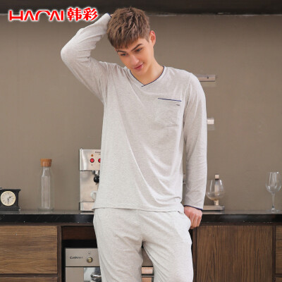 

Han Cai HACAI pajamas mens long sleeve modal cotton V-neck solid color mens fashion suit light gray ash 17095 L