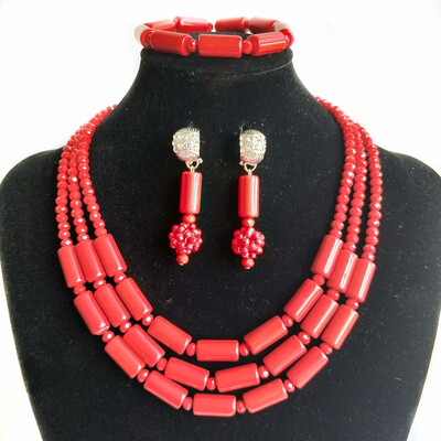 

Colorful Imitation Red Coral Dubai Jewelry African Beads Necklace Earrings Bracelet Set Nigerian Bridal Clothing Wedding Jewelry