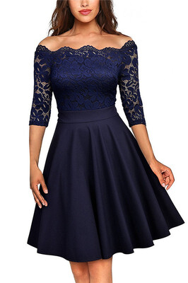 

Womens Vintage Floral Lace Boat Neck Cocktail Formal Swing Dress Homecoming Dress