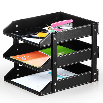 

Yapi Shi leather desktop office supplies storage box A4 three-layer file rack information file file storage tray creative file holder file box file cabinet pen holder black needle