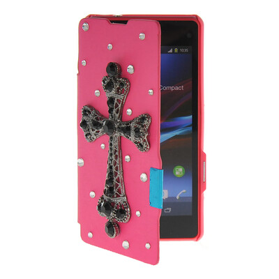 

MOONCASE Rhinestone Crystal Ultre Slim Leather Side Flip Wallet Back Case Cover for Sony Xperia Z1 Compact (Mini) Hot pink