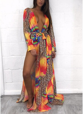 

2018 Chiffon Leopard Contrast Color Split Cardigan Kimono Beach Maxi Coverups