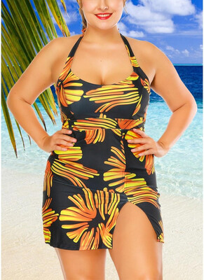 

2018 Women Plus Size Swimwear Dress Halter Swimsuit Backless Push Up Bathing Suit